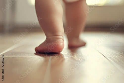 First baby steps. Close up child's foots. AI generative