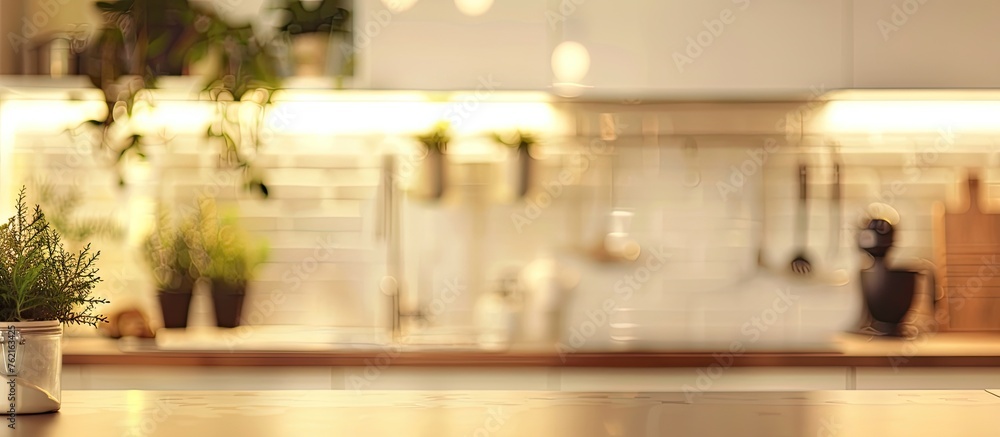 An artistic photo of a kitchen with a wooden countertop. The hardwood flooring complements the wood stain on the rectangular counter. Glass elements add a touch of elegance to the room An artistic photo of a kitchen with a wooden countertop. The hardwood flooring complements the wood stain on the rectangular counter. Glass elements add a touch of elegance to the room