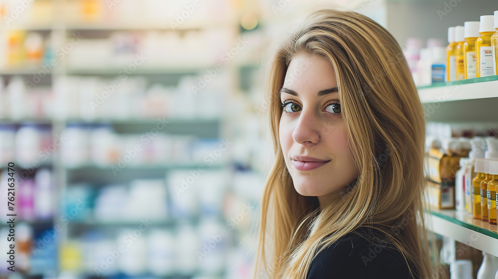 blond young woman in front of the blurry shelves with medications , with empty copy space blond young woman in front of the blurry shelves with medications , with empty copy space