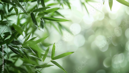 A blurred white background with a few green bamboo leaves. Generative AI.