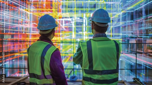 Construction workers viewing holographic BIM models on-site, improving efficiency.