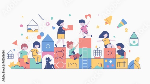 A flat design style minimal modern illustration of a group of children playing in a large block.