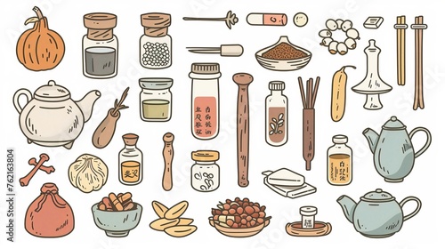 An illustration of tools for making oriental medicine. A flat modern illustration. photo