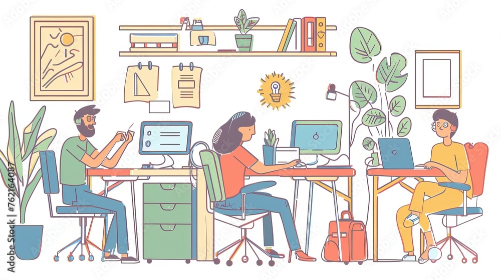 An illustration with four workrooms. A person works coolly with a fan and air conditioner. Form a rectangular frame. Flat design style minimal modern illustration. An illustration with four workrooms. A person works coolly with a fan and air conditioner. Form a rectangular frame. Flat design style minimal modern illustration.