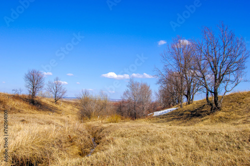 Yellow fields and withered grass symbolize the end of winter. Trees without leaves indicate the transition from winter to spring. The latest snow signals the last days of cold weather