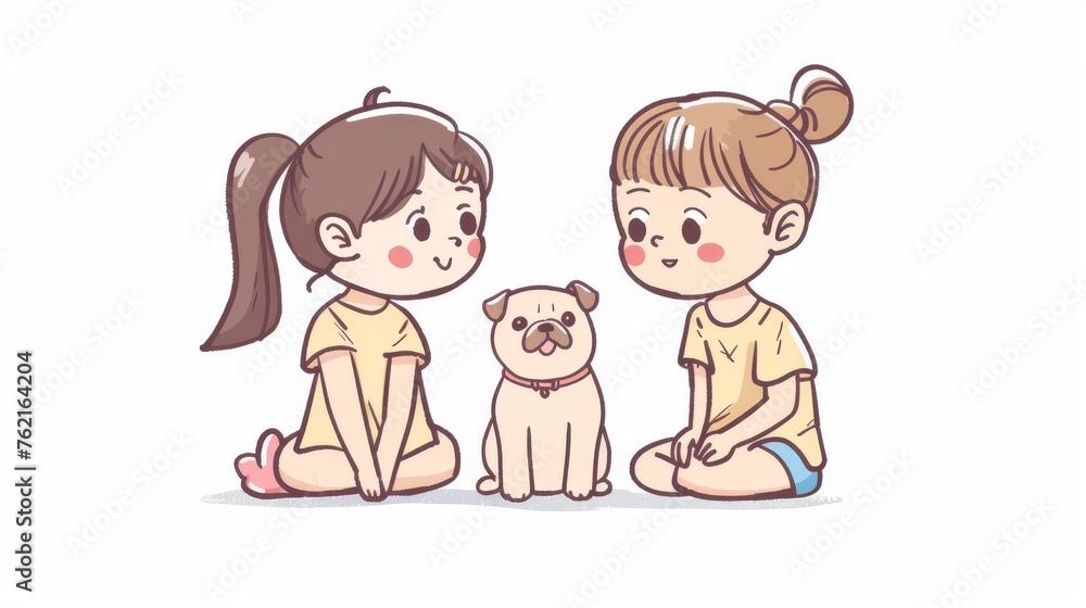 Stylish modern illustrations of a puppy with a chin. Two girls admiring the cute animal. Stylish modern illustrations of a puppy with a chin. Two girls admiring the cute animal.
