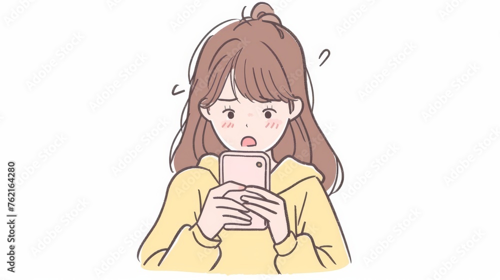 A girl is using a cell phone with a boring expression. A modern illustration of hand drawn style doodle. A girl is using a cell phone with a boring expression. A modern illustration of hand drawn style doodle.