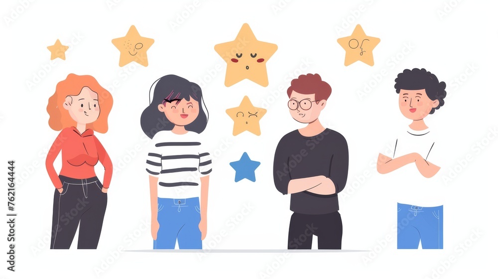 A flat design style modern illustration of customers taking satisfaction surveys. A flat design style modern illustration of customers taking satisfaction surveys.