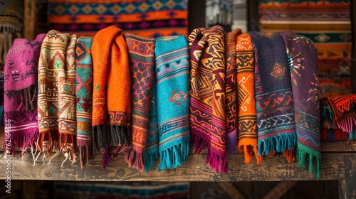A display of colorful alpaca wool scarves with intricate patterns © IgnacioJulian
