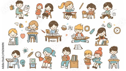 Modern illustration showing cute students taking various classes.