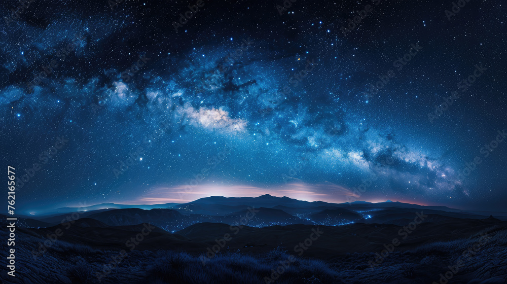Amazing Panorama blue night sky milky way and star on dark background.Universe filled with stars, nebula and galaxy with noise and grain.Photo by long exposure and select white balance.selection focus - obrazy, fototapety, plakaty 
