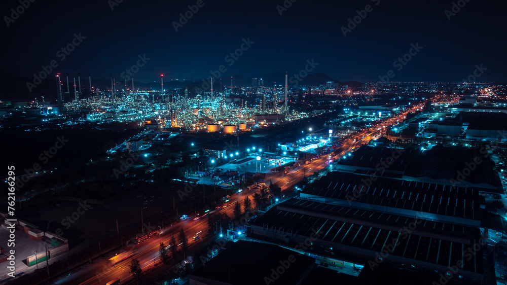Aerial view night scene, traffic light, city and industrial plant, oil refinery, blue tone, - obrazy, fototapety, plakaty 