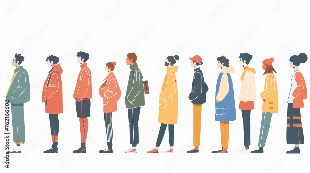 There are many people waiting in line according to guidelines. This is a minimalist modern illustration in flat design style. There are many people waiting in line according to guidelines. This is a minimalist modern illustration in flat design style.