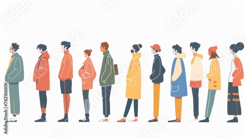 There are many people waiting in line according to guidelines. This is a minimalist modern illustration in flat design style.