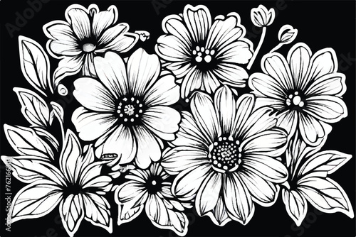 Black outline of coloring book flowers in the doodling style. Black and white Floral Background. Abstract elegance seamless pattern with floral background. Flower Coloring Page  Flower Line Art. 