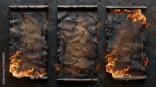 There are burnt corners, holes, and borders on charred uneven edges, parchment sheets in flame, and burnt frames isolated on a transparent background. This 3D modern set is a realistic representation