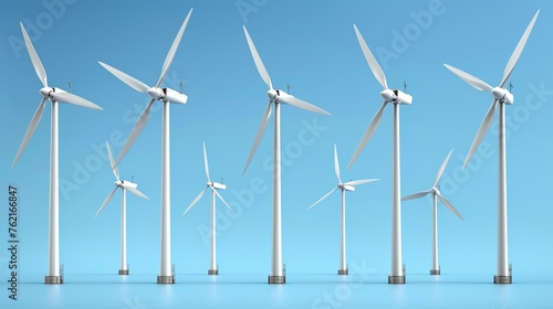 A front and side view of wind turbines and windmills for generating alternative eco energy. White towers with long vanes isolated on transparent background. © Mark