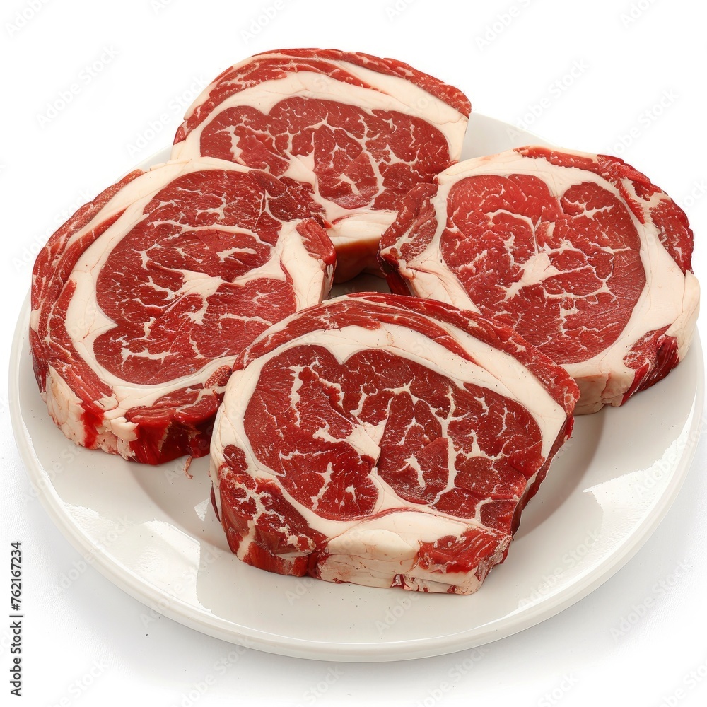 Obraz premium Raw Fresh Beef Meat Slices On White Background, Illustrations Images