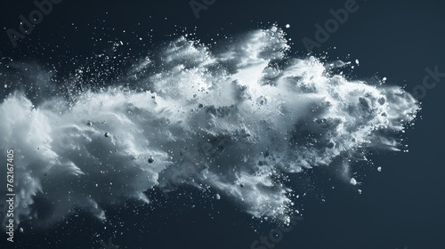 Modern illustration of abstract dust explosion in air, crystal clear washing detergent scattered, snow blizzard, flour explosion on transparent background.