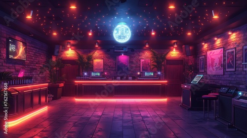 An interior of a night club with a bar counter, tables, dj console, and a dance floor lit by spotlights. Modern cartoon illustration of a glowing scene and neon lamps during night time.