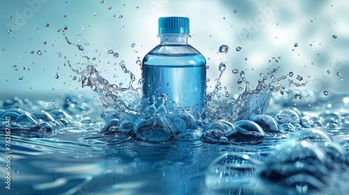 The mouthwash bottle is splashed in water on a modern realistic brand poster showcasing cosmetic products for dental care and mouth rinses for tooth protection. The banner is an advertising backdrop, photo