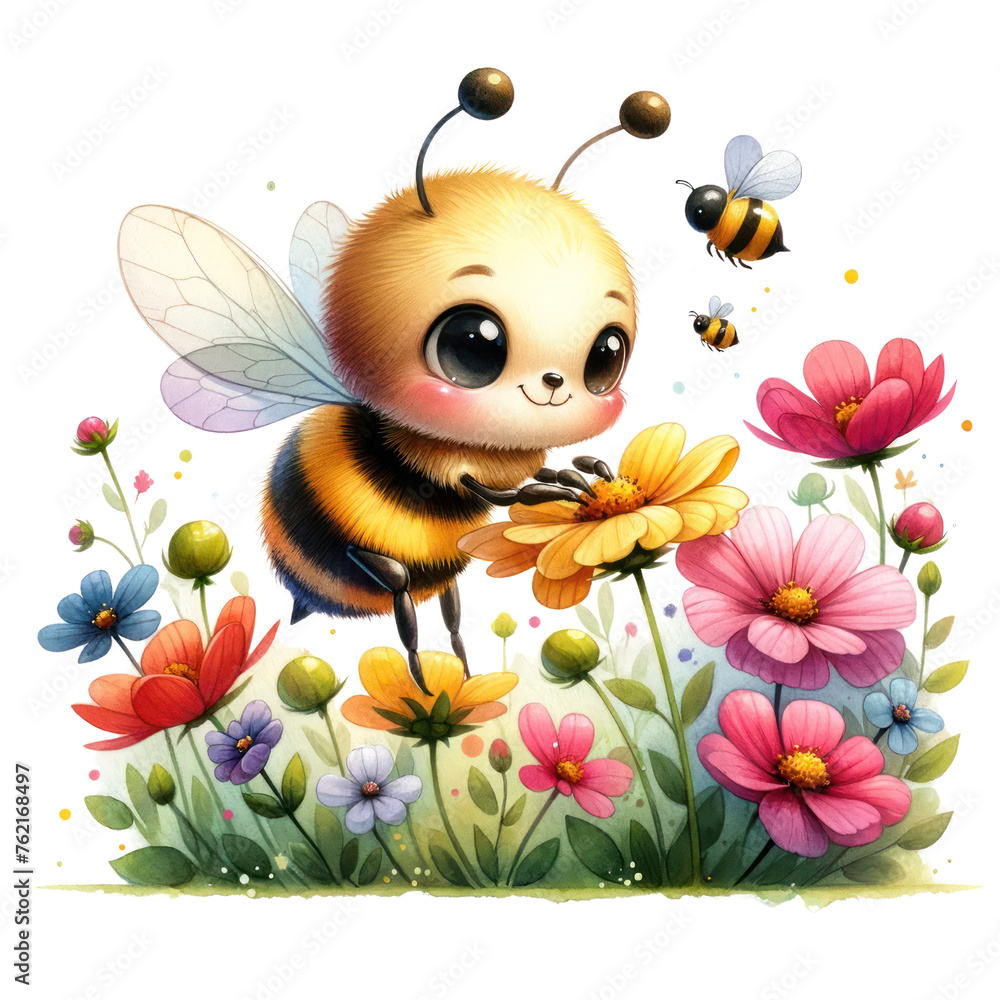 Watercolor cartoon bee is surrounded by flowers and is holding a flower. The bee is surrounded by other bees and is smiling, PNG file Watercolor cartoon bee is surrounded by flowers and is holding a flower. The bee is surrounded by other bees and is smiling, PNG file