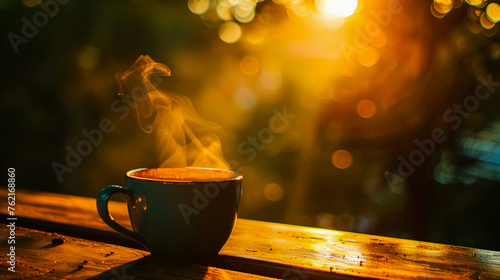 cup of hot coffee at morning time