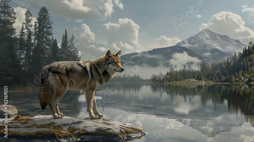 Beautiful wolf standing on a rock next to a lake
