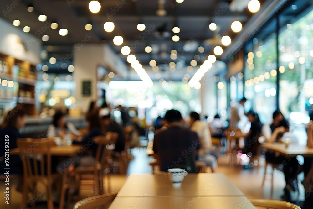 Blurred background in a modern cafe full of people in the daytime. AI generative