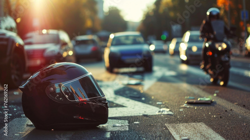 A sleek black motorcycle helmet is centered on a blurred city road background with a distant motorcyclist, illustrating urban biker life photo