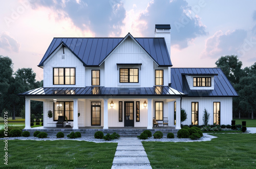 A beautiful two story modern farmhouse home with white paint and black trim, large open concept living room with a dark blue grey metal roof,