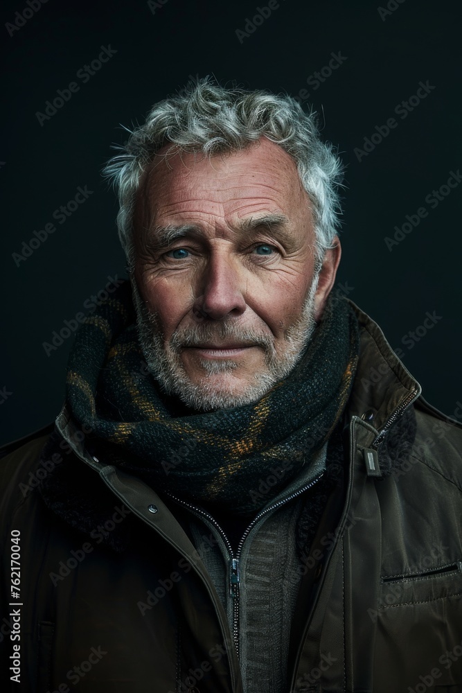 Obraz premium Elderly man smiling at camera. A close-up portrait of an elderly, man with a warm smile, wearing fashionable clothes.