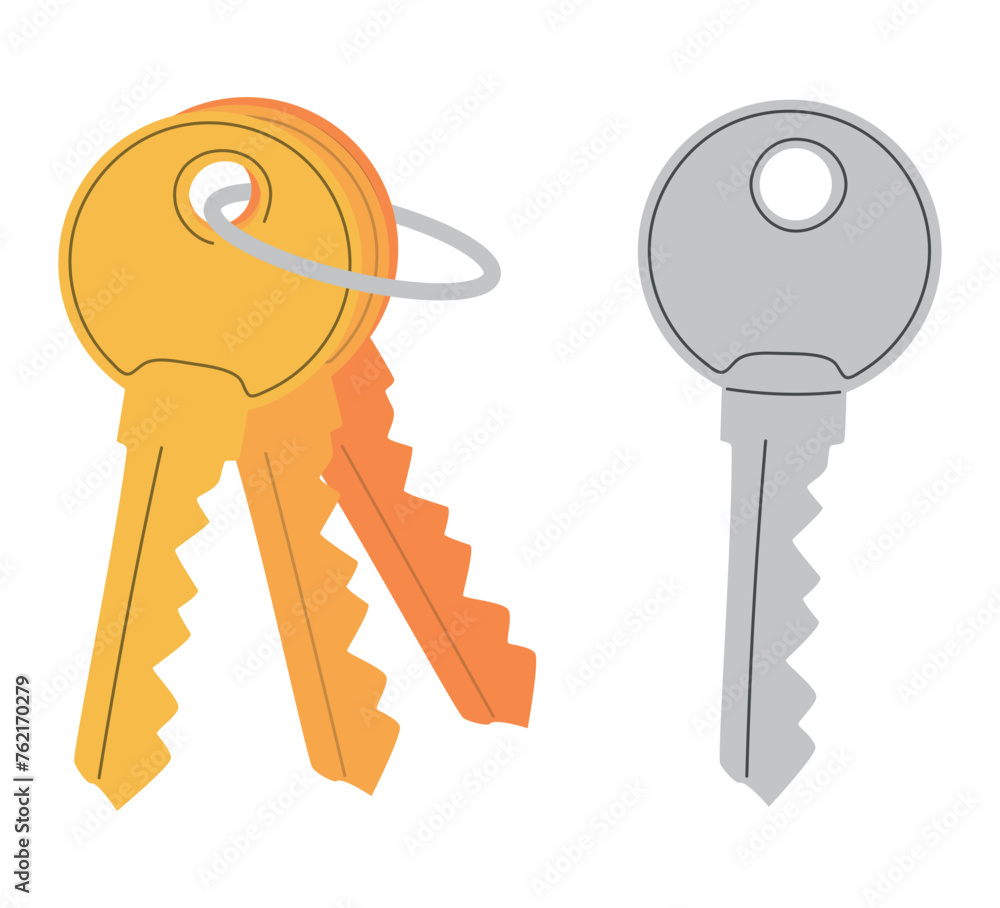 Set of door keys isolated vector flat graphic, bunch of silver, gold and bronze keys on a ring, keys clipart Set of door keys isolated vector flat graphic, bunch of silver, gold and bronze keys on a ring, keys clipart