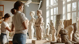 People of different ages sculpt from clay in the studio. Creativity, escapism, sculpture, diversity. Close-up, bokeh in the background.