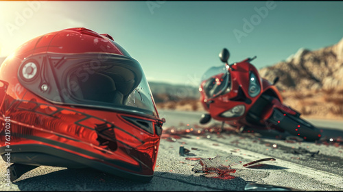 A lone shiny red motorcycle helmet lies on the desert road with a wrecked scooter in the background, depicting a deserted highway accident scene