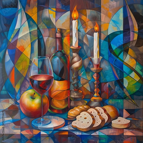 a painting of shabbat candles and wine