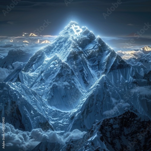 Everest's summit glows under the light of a rising bitcoin, representing the ultimate achievement in the crypto world
