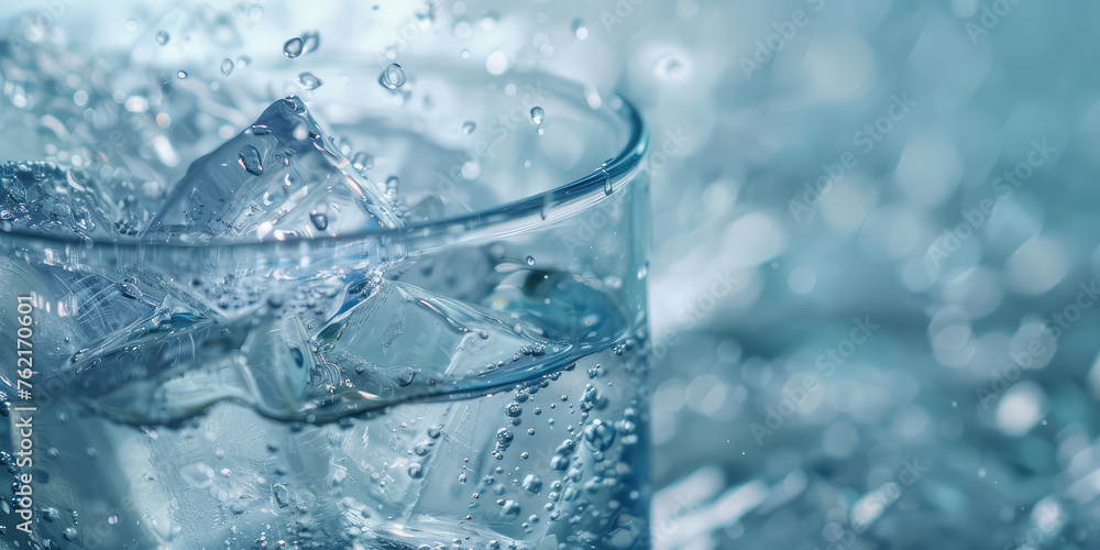 Ice Cubes Splashing in Glass of Water. Crisp close-up of ice cubes splashing into a glass, water droplets in motion, copy space.