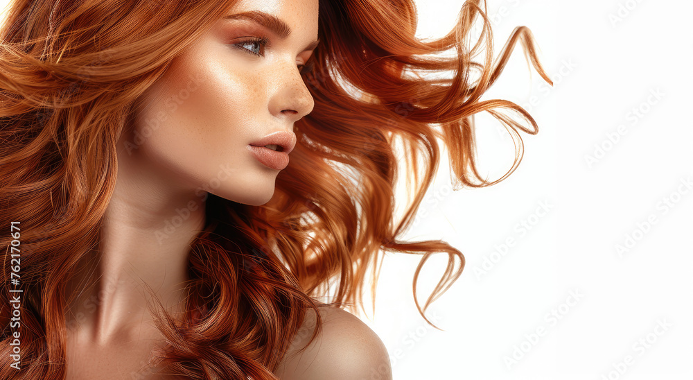 A beautiful woman with shiny wavy hair and perfect hairstyle and makeup against a white background. Her hair color is a brownish red and her skin tone is tanned - obrazy, fototapety, plakaty 