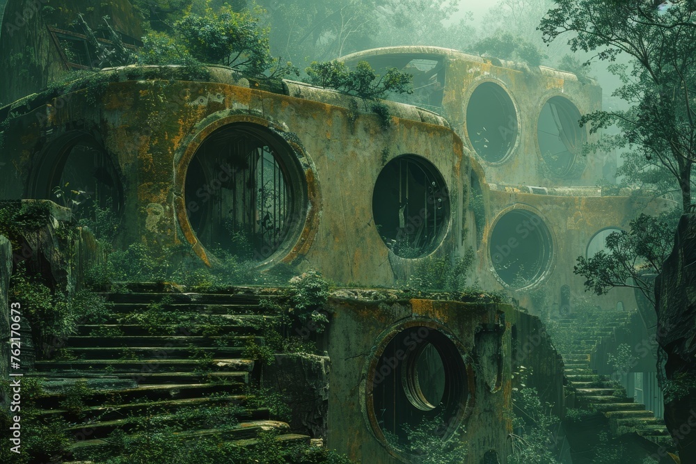 Imaginative compositions where ancient ruins are reimagined as futuristic, sustainable habitats