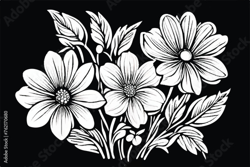 Black outline of coloring book flowers in the doodling style. Black and white Floral Background. Abstract elegance seamless pattern with floral background. Flower Coloring Page  Flower Line Art. 