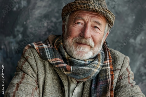 Elderly man smiling at camera. A close-up portrait of an elderly, man with a warm smile, wearing fashionable clothes.