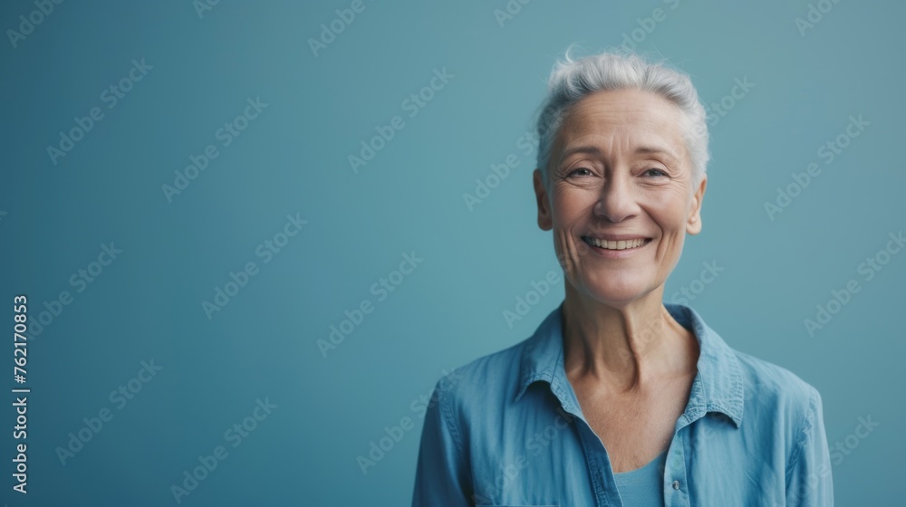 A cheerful senior woman in a blue shirt shares a genuine, kidcore-infused smile, promoting a message of age-diverse joy and playfulness. A cheerful senior woman in a blue shirt shares a genuine, kidcore-infused smile, promoting a message of age-diverse joy and playfulness.