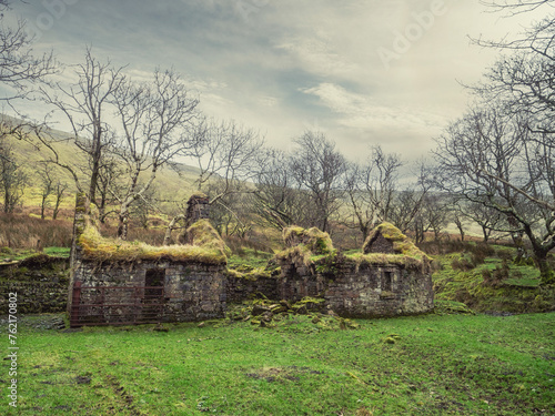 Picaresque old abandoned stone house in Irish country side, Mountains in the background. Small home and barn without roof and covered in green moss and old trees. photo