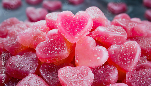 Pile of pink heart-shaped jelly candies. Sweet and tasty treat