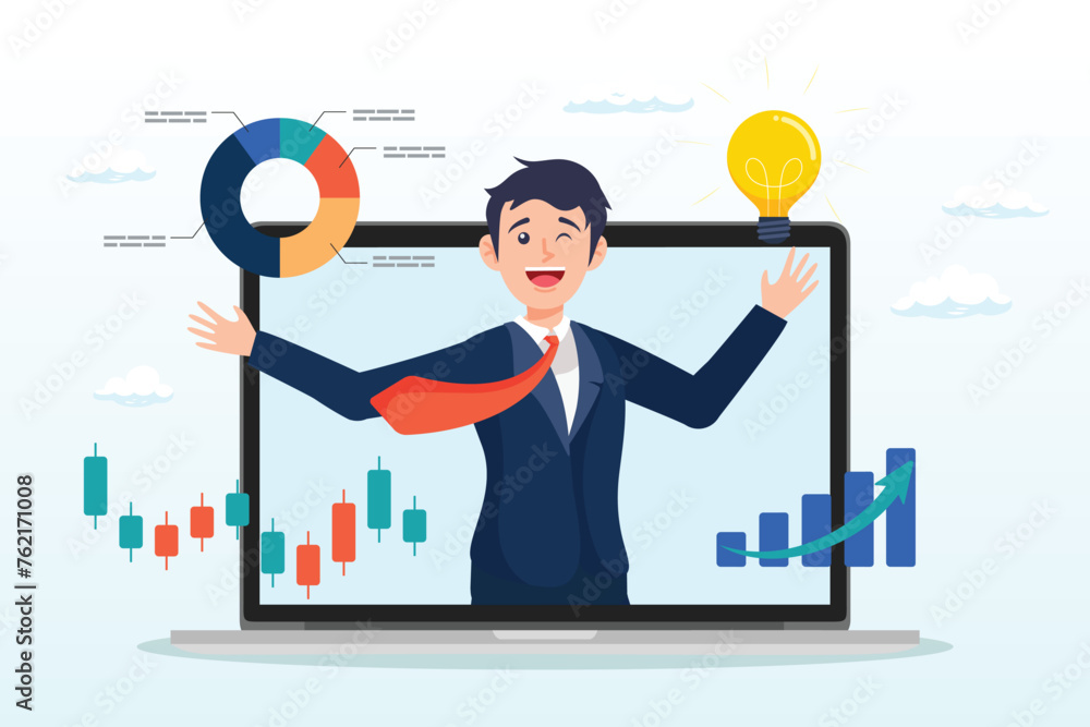 Smart businessman from computer laptop monitor giving some advice with analysis graph, business consultant, advisor or expertise, online presentation or conference call, strategy and analysis (Vector) Smart businessman from computer laptop monitor giving some advice with analysis graph, business consultant, advisor or expertise, online presentation or conference call, strategy and analysis (Vector)