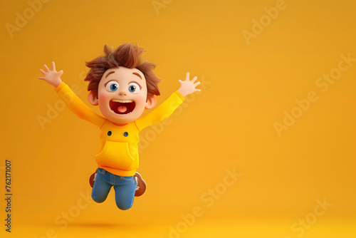 Freudensprung: Cartoonfigur springt vor Freude in die Luft auf farbigem Hintergrund photo