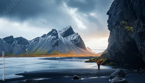 Icelandic Landscape with Mountains and Black Sand photo