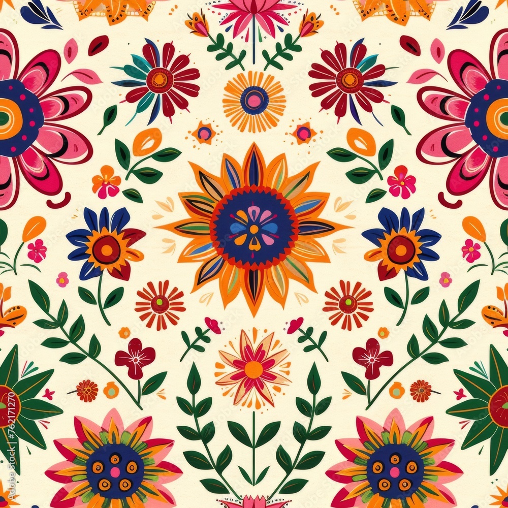 Warm-toned seamless pattern featuring a detailed Latin geometric floral design, ideal for fabric prints and cultural decorations.