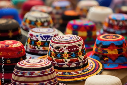 Festive Peru colorful decorated hats. Brightly multicolored ceremonial festive headwear. Generate ai © juliars